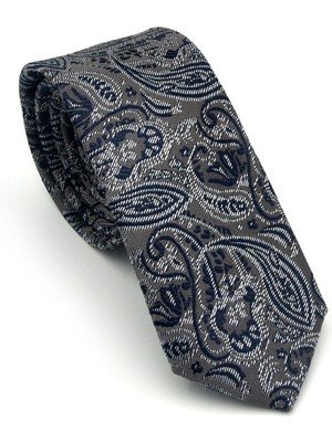 Gaffy Lacivert Şal Desenli Gri Dokuma Kumaş Mendilli Slim Fit Kravat // SDK-2607-3