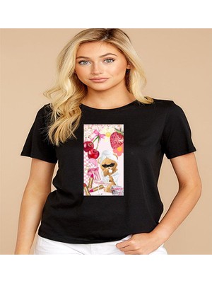 ÇARŞI47 Kadın Tişört Yuvarlak Yaka Ayıcık Baskılı T-Shirt 3D Baskı Kalitesi