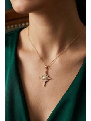 Lykos Çelik Zincir Gold Renk Kutup Yıldızı Model Zirkon Taşlı Kadın Kolye