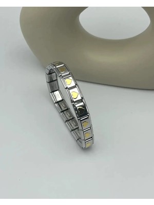 Biju Yılmaz Çelik Silver Italyan Gold Kalpli Nomi Bileklik - 25-BLK178