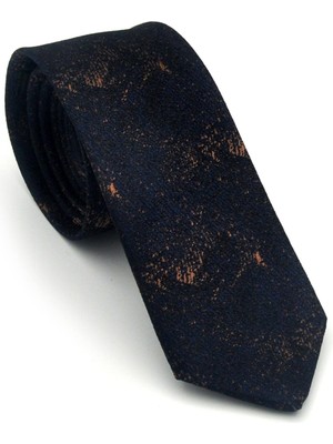 Gaffy Kahverengi Desenli Lacivert Dokuma Kumaş Mendilli Slim Fit Kravat // SDK-2613-5