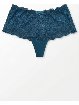 Petrol Yeşili Transparan Dantelli Tanga Şort Külot