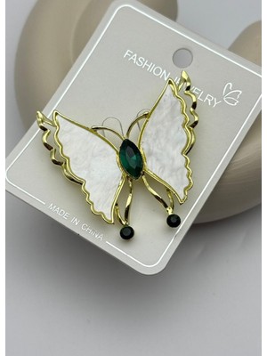 Biju Yılmaz Vip Gold Beyaz Yeşil Taşlı Kelebek Broş - 26BRS20