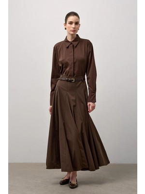 Molene Kahverengi Kemerli Dilim Etek