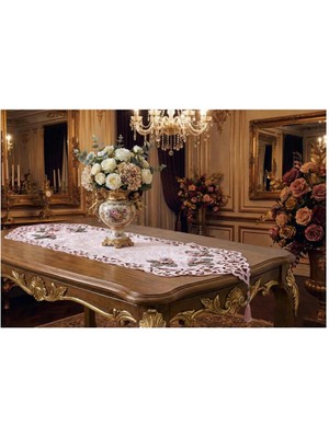 Finezza Mina Kadife Kumaş Lazer Kesim Çiçek Süslemeli Pudra Gümüş Runner 40X140 cm 718