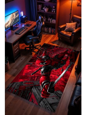 Charmbi Deadpool Desenli Halı – Kaymaz Taban Kadife Dokulu Makinede Yıkanabilir Gamer Genç Odası Halısı
