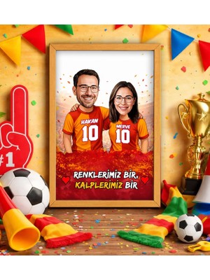 Bk Gift Kişiye Özel Isimli Sarı-Kırmızı Sevgili Karikatürlü Ahşap Çerçeveli Tablo - 40X25CM, Doğum Günü Hediyesi, Taraftar Hediyesi
