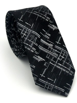 Gaffy Beyaz Kırcıl Desenli Siyah Dokuma Kumaş Mendilli Slim Fit Kravat // SDK-2611-1