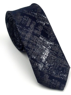 Gaffy Gri Desenli Lacivert Dokuma Kumaş Mendilli Slim Fit Kravat // SDK-2608-2