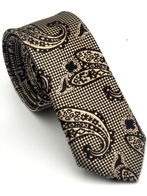 Gaffy Bej Şal Desenli Kahverengi Dokuma Kumaş Mendilli Slim Fit Kravat // SDK-2606-4