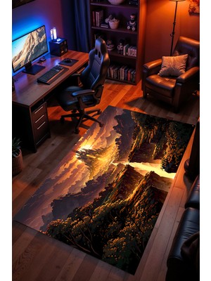 Charmbi Altın Krallık Desenli Halı – Kaymaz Taban Kadife Dokulu Makinede Yıkanabilir Gamer Genç Odası Halısı