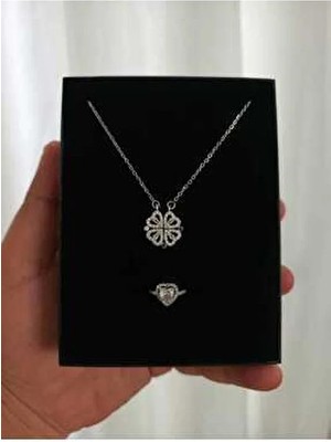 Jüpiter Home Çelik Kalpli Yonca Kolye ve Yüzük Seti Ciddi Ilişki Yüzüğü Set Kombin 14 Şubat Sevgiliye Hediye