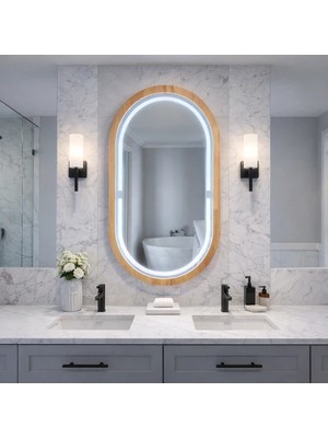 Aypars Atölye 18X32 cm Kayın Ahşap Çerçeveli Led’li Oval Ayna – 6500K Dimmer Işıklı Dekoratif Banyo Aynası