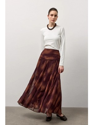 Molene Kahverengi Drapeli Desenli Etek