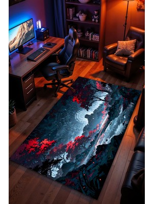 Charmbi Kızıl Orman Yolu Halı – Kaymaz Taban Kadife Dokulu Makinede Yıkanabilir Gamer Genç Odası Halısı