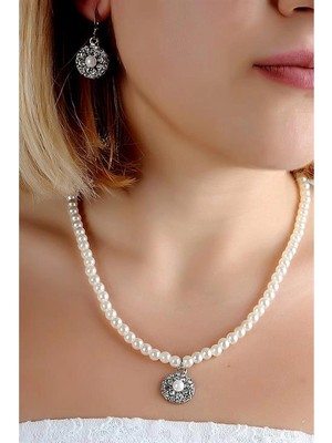 twingold Özel Tasarımlı Inci ve Zirkon Taşlı Kolye Küpe Takım