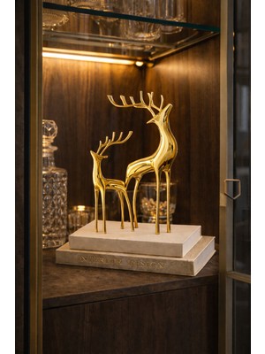 Vinner Atelier Aurora Pirinç Geyik Biblo Seti – Gold Lüks Salon ve Ofis Dekorasyonu Ikili Aksesuar