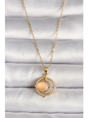 Bazarhane 316L Çelik Gold Renk Zirkon Taşlı Turuncu Sedefli Hilal Model Kadın Kolye