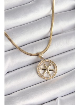 Bazarhane 316L Çelik Gold Renk Italyan Zincir Zirkon Taşlı Kutup Yıldız Model Kadın Kolye