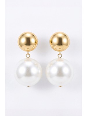 Lykos  kadın Gold Çelik Inci Detaylı Beyaz Renkli Top Küpe 