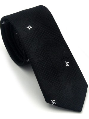 Gaffy Siyah Şal Desenli Dokuma Kumaş Mendilli Slim Fit Kravat // SDK-2604-1