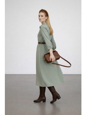 Vireo Club Kadın Kahvengi Pamuk Viskon Kemerli Midi Gömlek Elbise