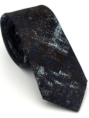 Gaffy Turkuaz Lacivert Desenli Kahverengi Dokuma Kumaş Mendilli Slim Fit Kravat // SDK-2608-7
