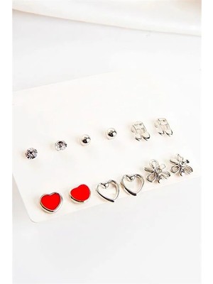 Euromoda Nota Kalp  Çiçek Tasarımlı Halka ve Top Küpeli Küpe 12LI Set