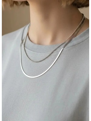 Biju Yılmaz Çelik Silver 2'li Zincir Italyan Kolye - 25-CLKK270