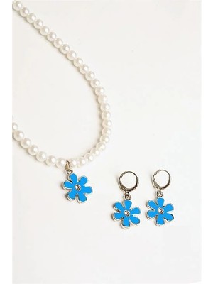 Euromoda Çiçek Tasarımlı Inci Boncuklu Kolye Küpe Takı Seti