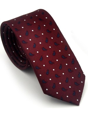 Gaffy Beyaz Lacivert Desenli Bordo Dokuma Kumaş Mendilli Slim Fit Kravat // SDK-2612-4
