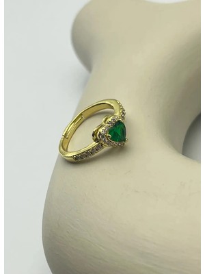 Biju Yılmaz Çelik Gold Yeşil Kalp Taşlı Ayarlanabilir Yüzük - 25YZK242