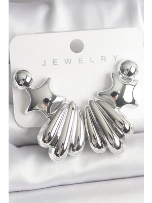 Bazarhane Gümüş Renk Yıldız Deniz Kabuğu Model Ccb Plastik Kadın Küpe Seti