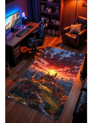 Charmbi Son Kale Desenli Halı – Kaymaz Taban Kadife Dokulu Makinede Yıkanabilir Gamer Genç Odası Halısı