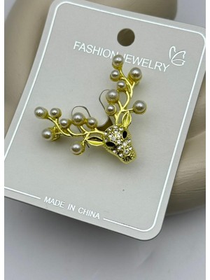 Biju Yılmaz Vip Gold Geyik Boynuzları Incili Taşlı Broş - 26BRS05