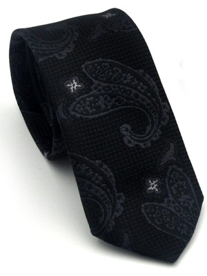 Gaffy Gri Şal Desenli Siyah Dokuma Kumaş Mendilli Slim Fit Kravat // SDK-2604-3