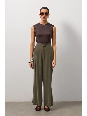 Molene Haki Pile Detaylı Palazzo Pantolon