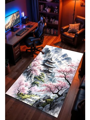 Charmbi Gizli Sakura Tapınağı Halı – Kaymaz Taban Kadife Dokulu Makinede Yıkanabilir Gamer Genç Odası Halısı