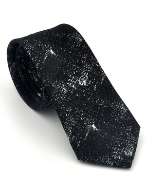 Gaffy Beyaz Desenli Siyah Dokuma Kumaş Mendilli Slim Fit Kravat // SDK-2613-1