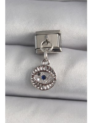 Bazarhane 316L Çelik Gümüş Renk Sallantı Zirkon Taşlı Göz Model Nomination Charm