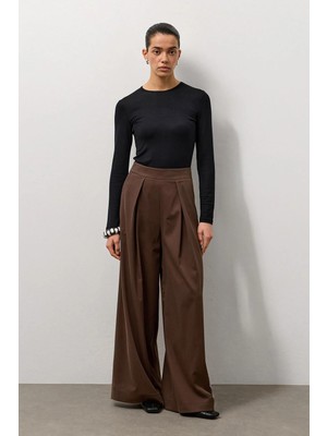 Molene Kahverengi Pileli Bol Paça Pantolon