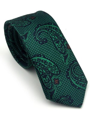 Gaffy Zümrüt Yeşil Şal Desenli Lacivert Dokuma Kumaş Mendilli Slim Fit Kravat // SDK-2606-5
