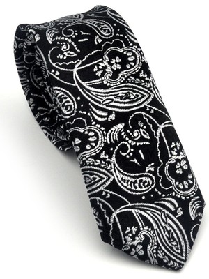 Gaffy Gri Şal Desenli Siyah Dokuma Kumaş Mendilli Slim Fit Kravat // SDK-2607-1