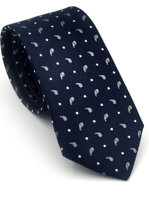 Gaffy Beyaz Füme Desenli Lacivert Dokuma Kumaş Mendilli Slim Fit Kravat // SDK-2612-2