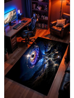Charmbi Kozmik Fırtına Desenli Halı – Kaymaz Taban Kadife Dokulu Makinede Yıkanabilir Gamer Genç Odası Halısı