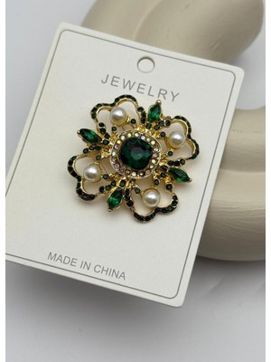 Biju Yılmaz Vip Yeşil Taşlı Incili Tasarım Broş - 26BRS03