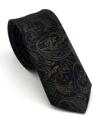 Gaffy Yeşil Lacivert Şal Desenli Kahverengi Dokuma Kumaş Mendilli Slim Fit Kravat // SDK-2607-6
