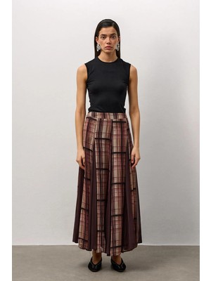 Molene Kahverengi Ekose Desenli Şifon Etek