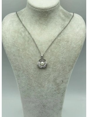 Biju Yılmaz Çelik Silver Incili Çiçek Kolye - 25-CTR180