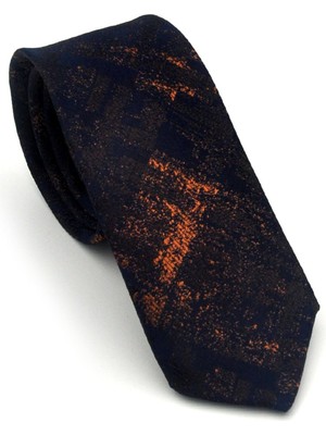 Gaffy Bej Kahverengi Desenli Lacivert Dokuma Kumaş Mendilli Slim Fit Kravat // SDK-2608-6